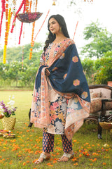 blue rayon blend floral printed straight kurta trousers with dupatta 