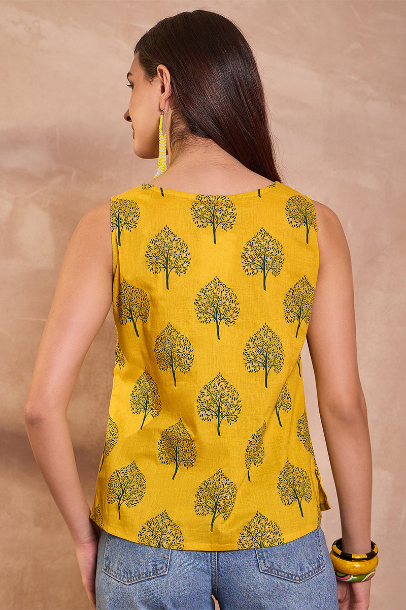 yellow cotton blend floral printed top