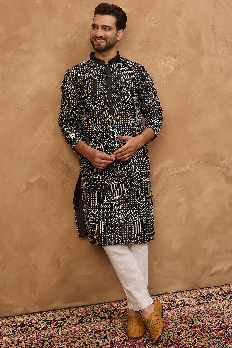 black silk blend geometric printed straight kurta