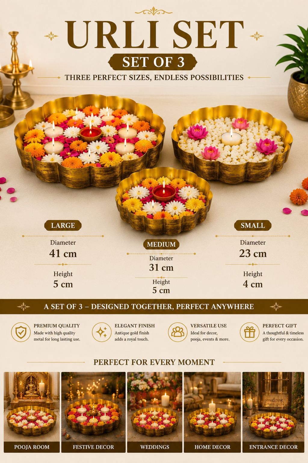 premium decorative urli bowl set of 3 embossed hammered metal floating flower bowls antique gold finish for diyas candles pooja diwali weddings festivals home decor