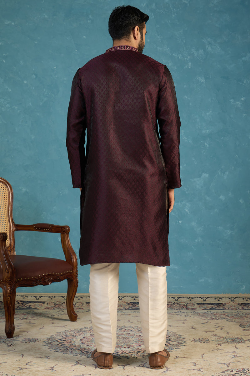 Mens Purple Silk Blend Woven Design Straight Kurta MKU1835