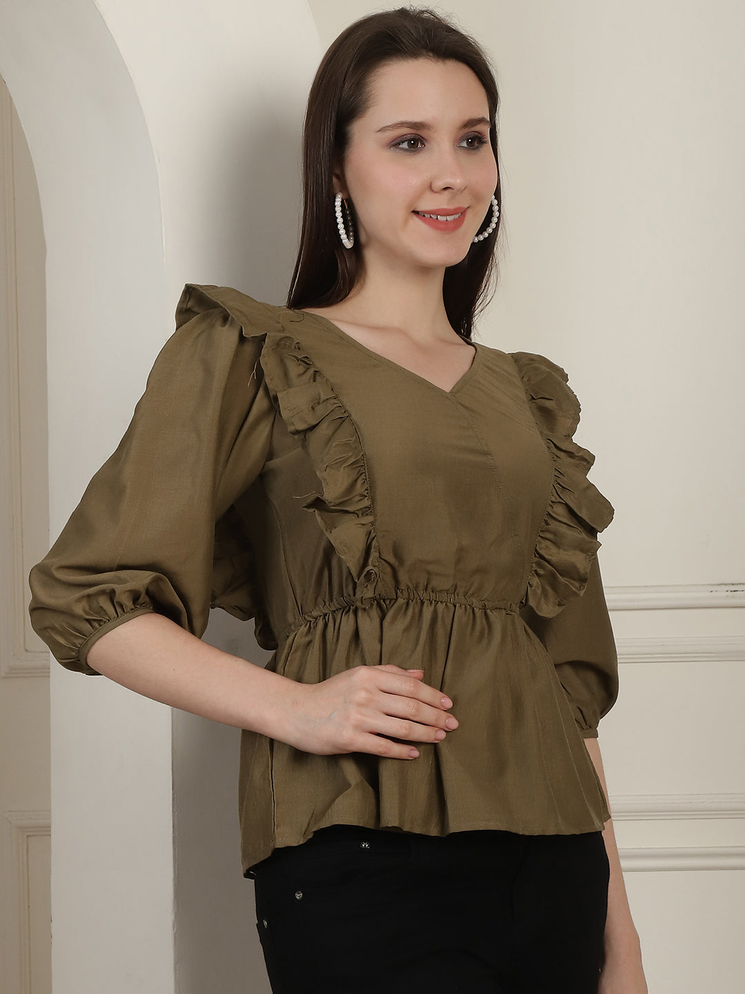 Brown Solid Womens Top With