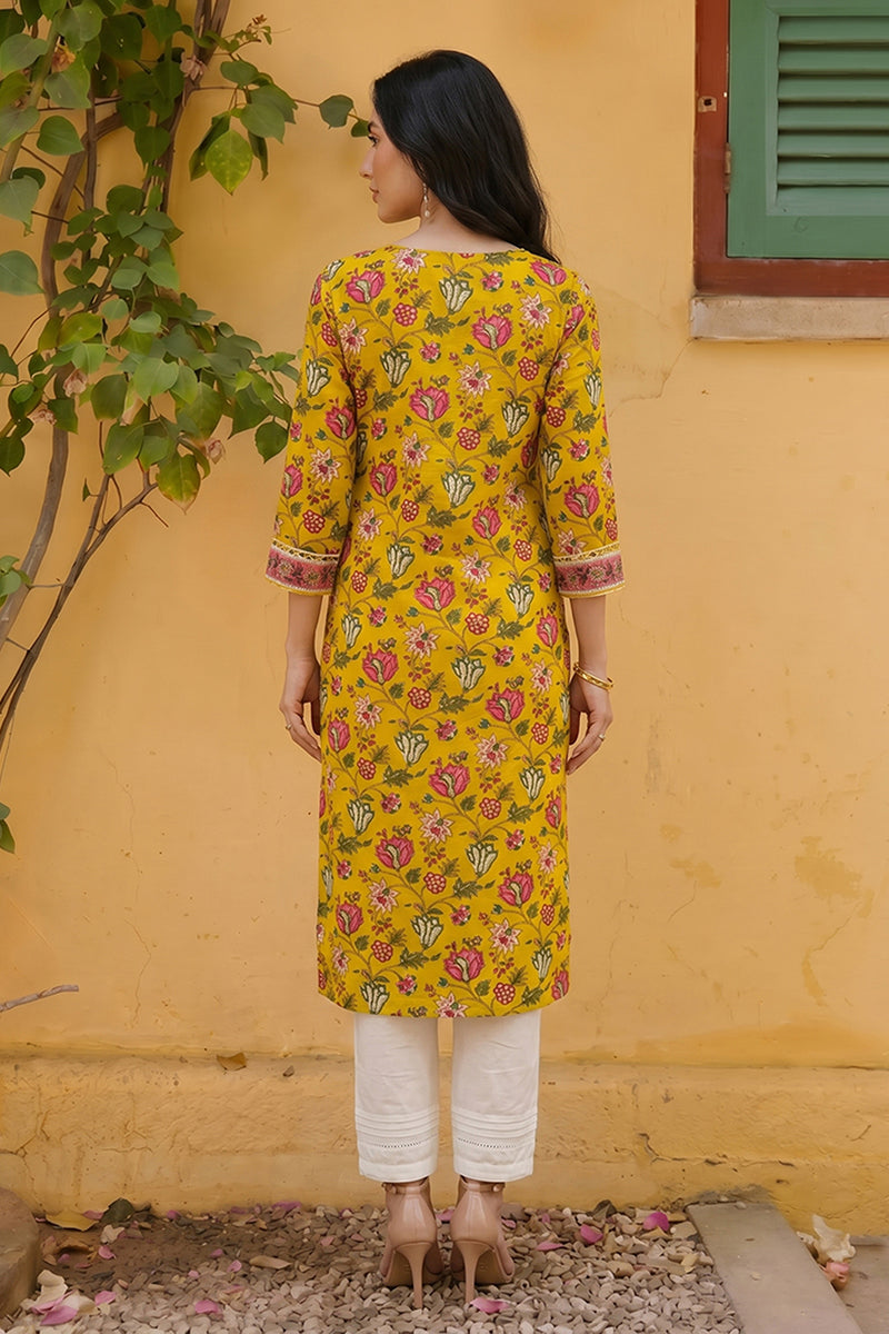 rayon yellow floral digital printed regular kurta vck9820