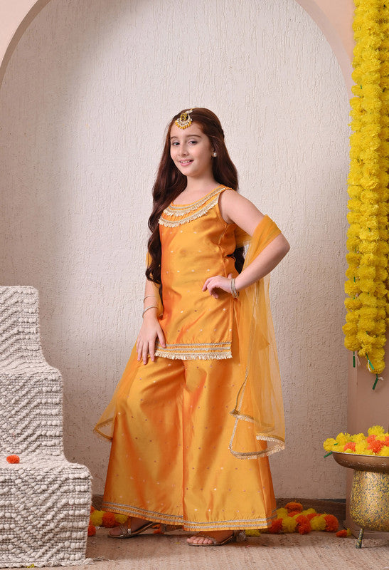 Indi Loom Couture Girls Mustard Embellished Kurta with Sharara & Dupatta Set ILKSD52