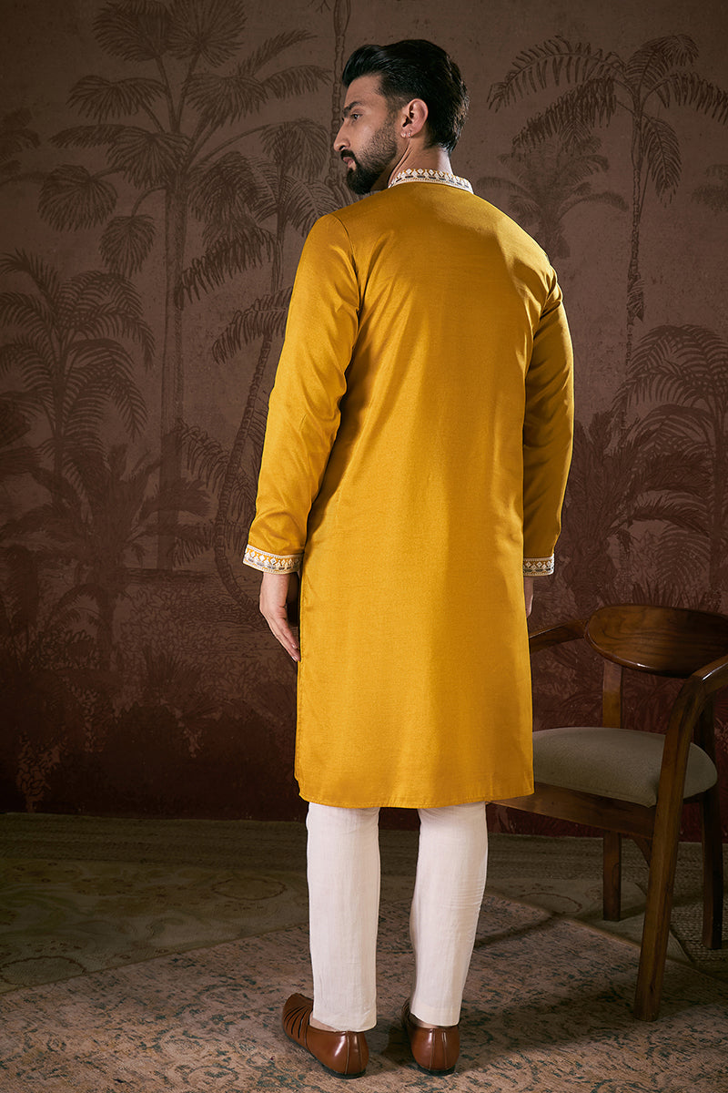 Mustard Silk Blend Solid Embroidered Straight Kurta With Trouser MKSET1796