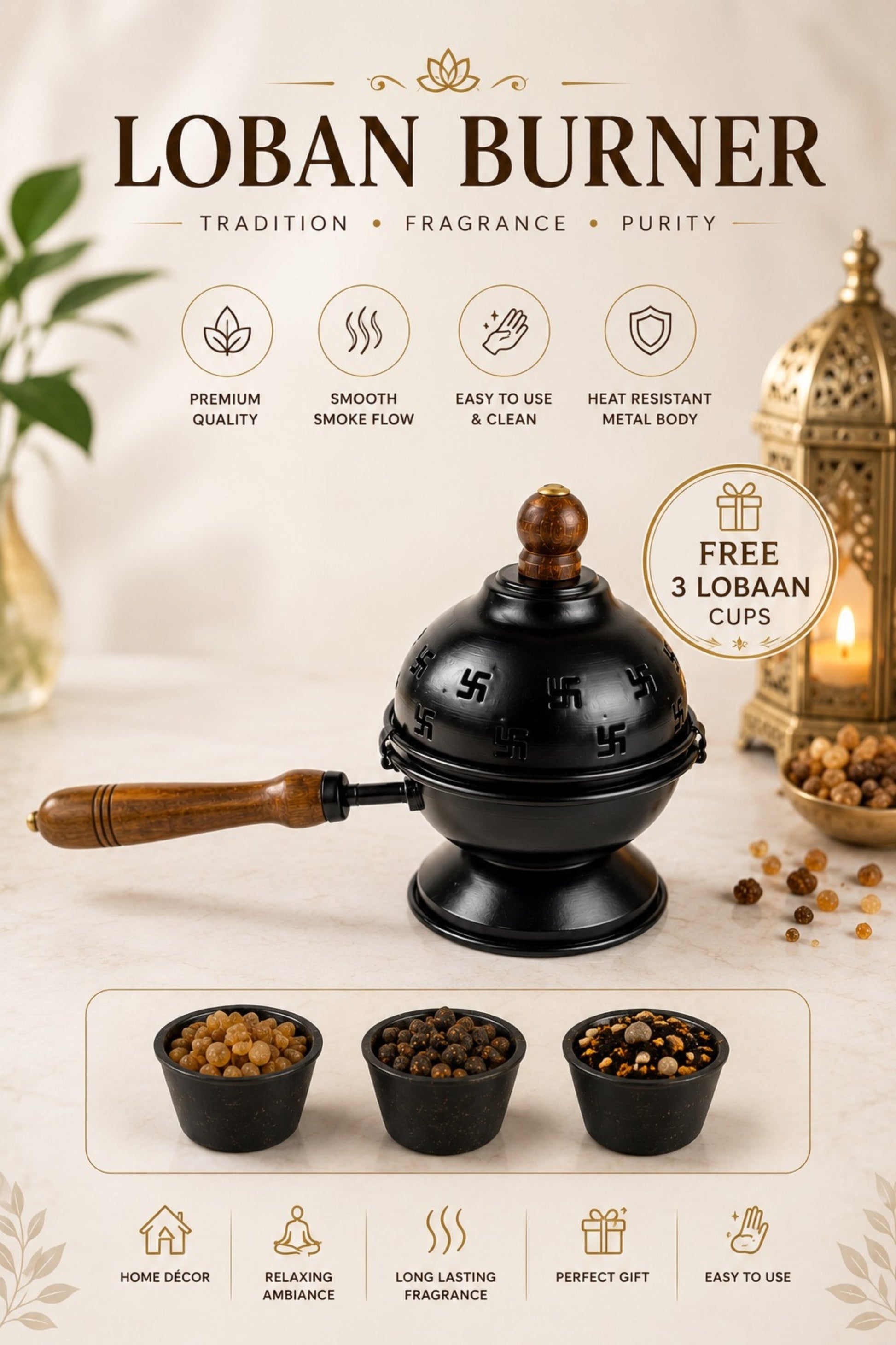 premium metal loban burner with wooden handle 3 free loban cups heat resistant incense burner for loban dhoop sambrani cups bakhoor camphor home temple meditation pooja decor