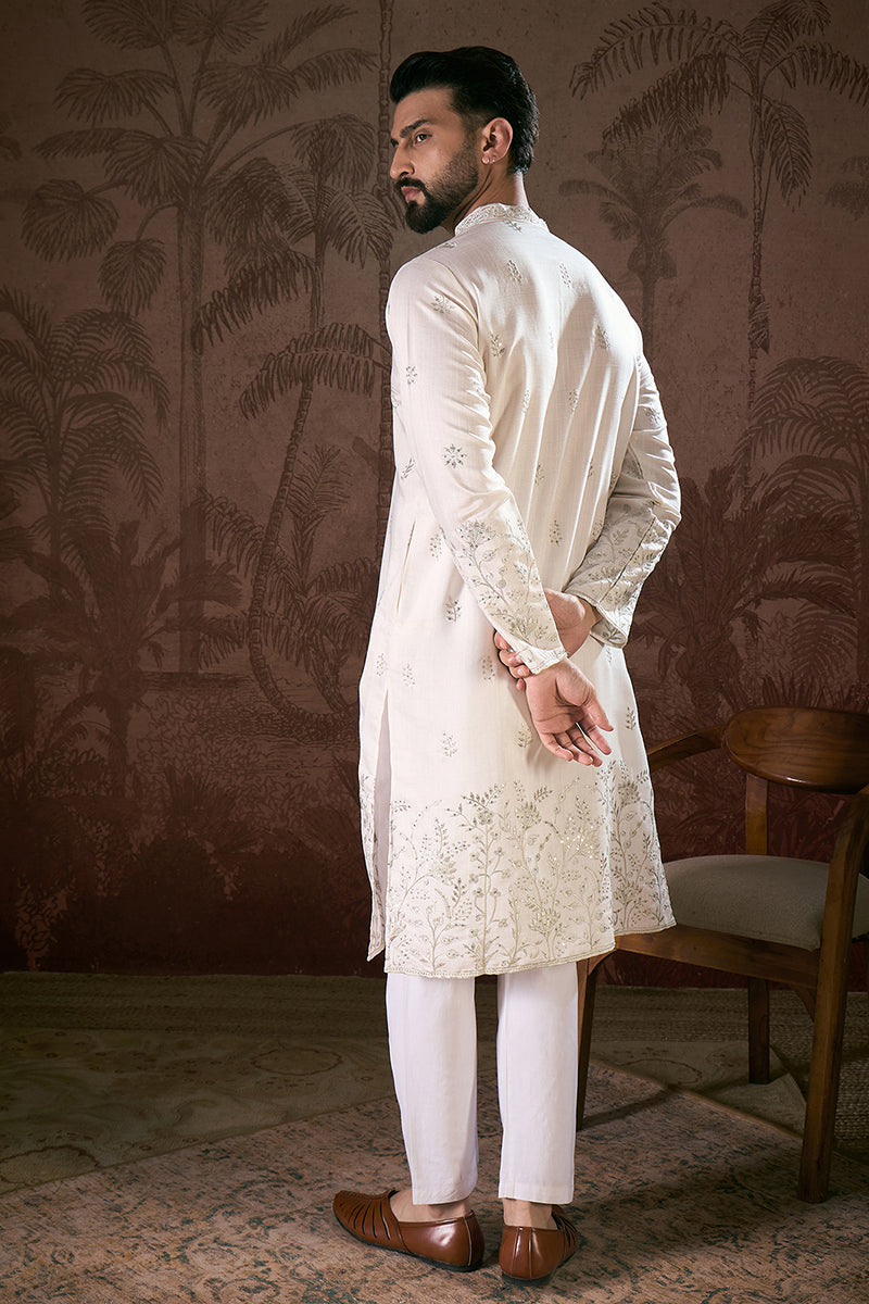 White Silk Blend Floral Embroidered Straight Kurta With Trouser MKSET1784