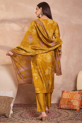 mustard silk blend floral printed straight kurta trouser with dupatta