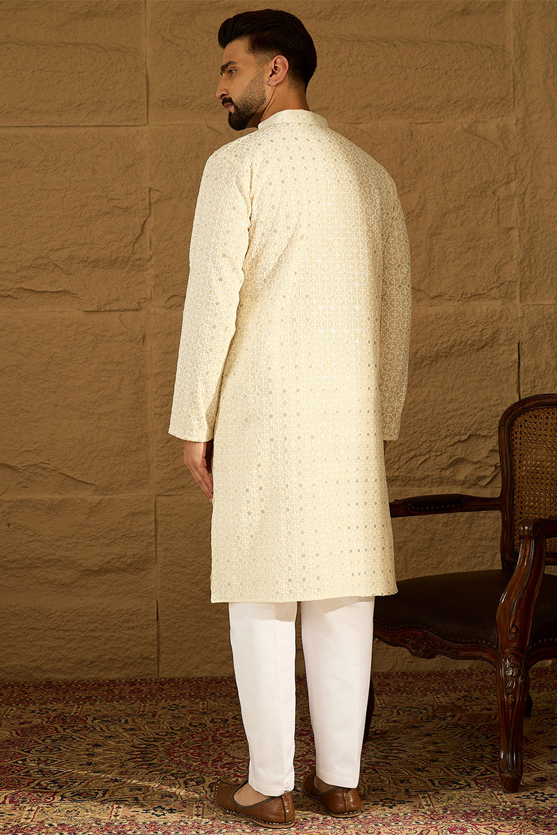off white cotton solid printed straight kurta with trouser