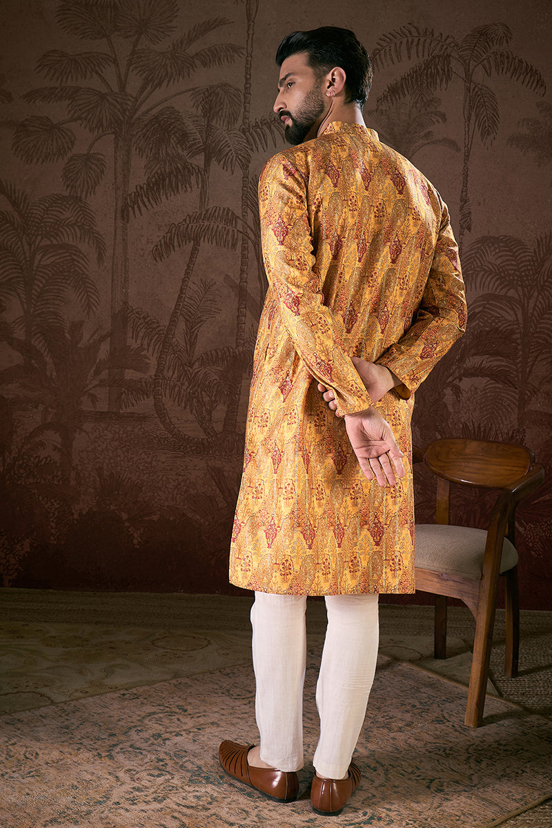 Mustard Silk Blend Ethnic Motifs Printed Straight Kurta MKU1925
