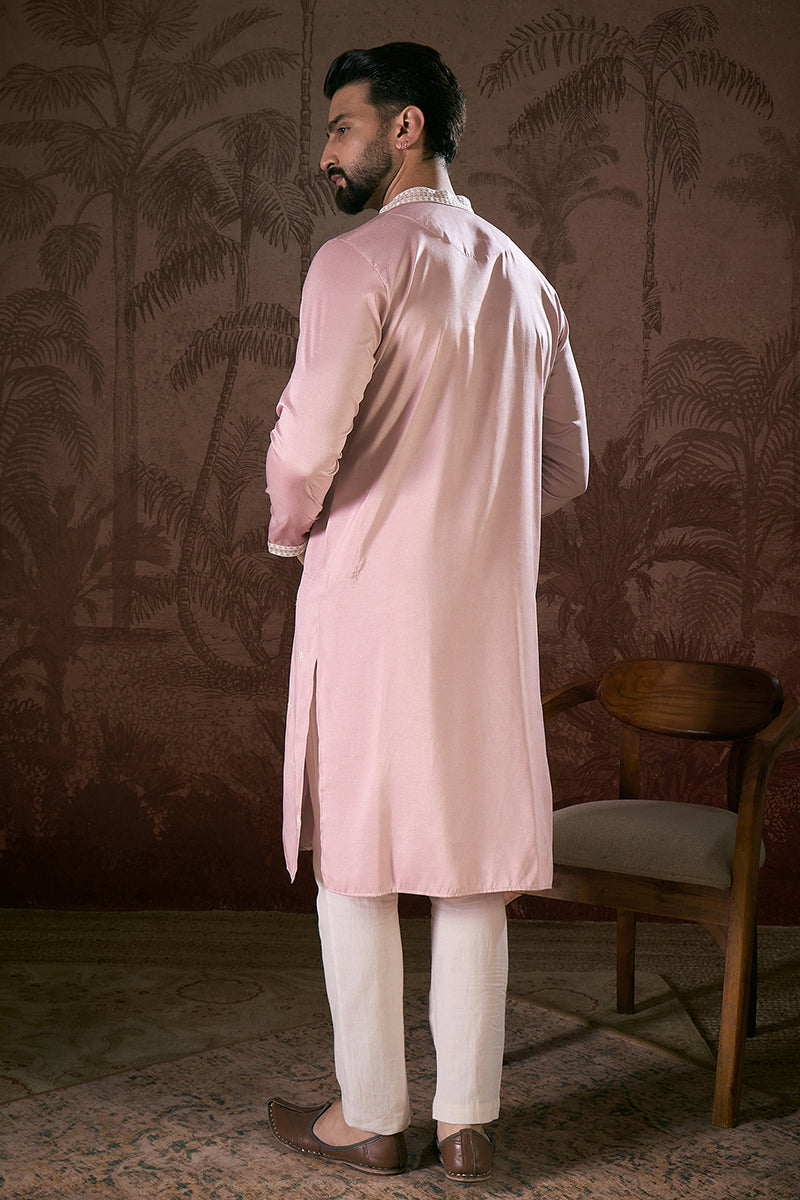 Pink Silk Blend Solid Embroidered Straight Kurta MKU1788