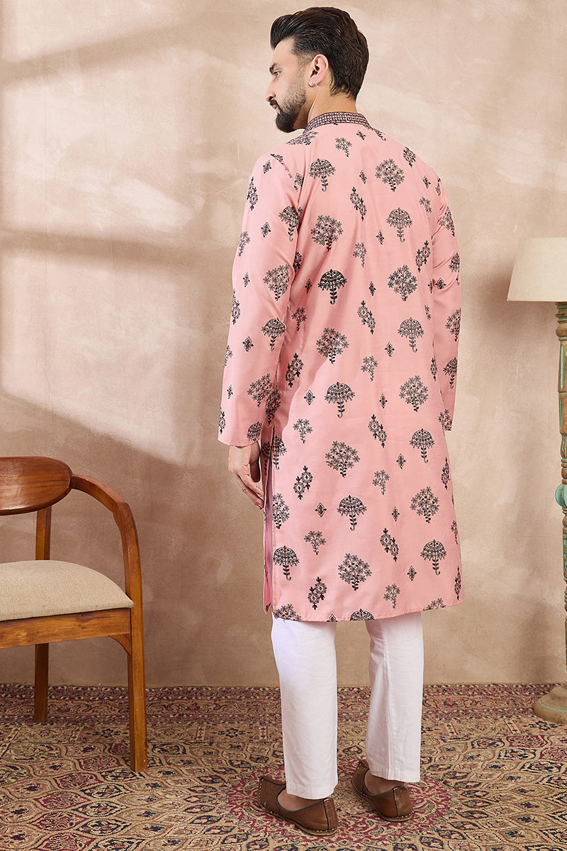 Peach Silk Blend Solid Embroidered Straight Kurta MKU1804