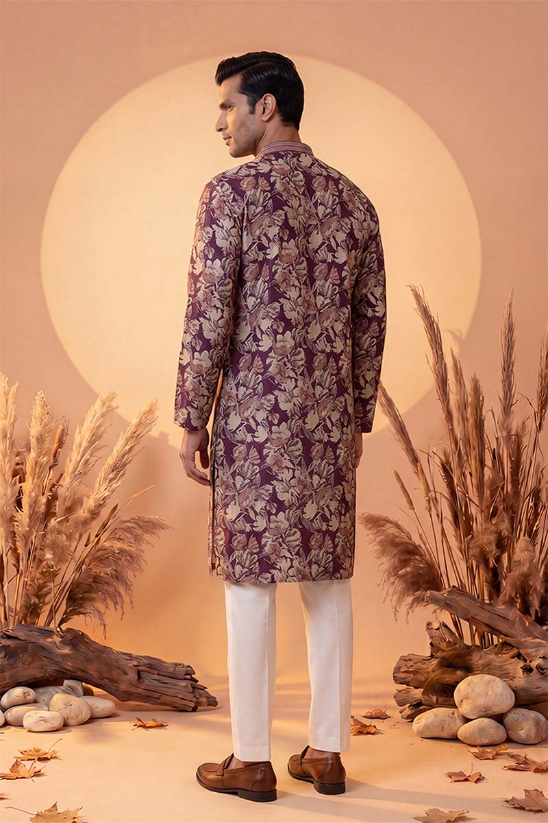 Mens Purple Viscose Rayon Floral Printed Kurta With Trousers MKSET1981