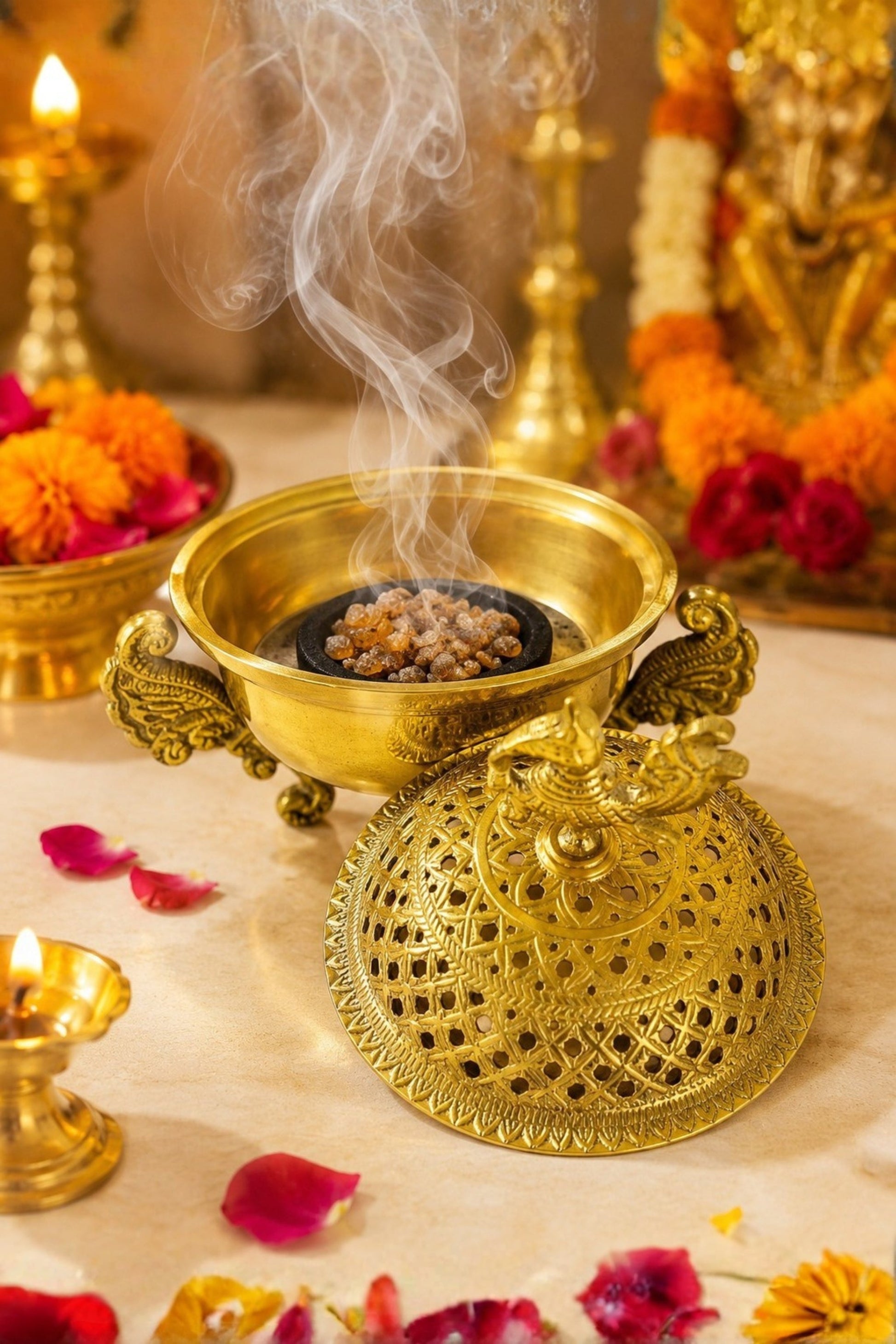 premium brass loban burner with peacock top handcrafted brass dhoop dani for loban sambrani cups dhoop bakhoor resin incense decorative pooja dhuni burner for home temple meditation