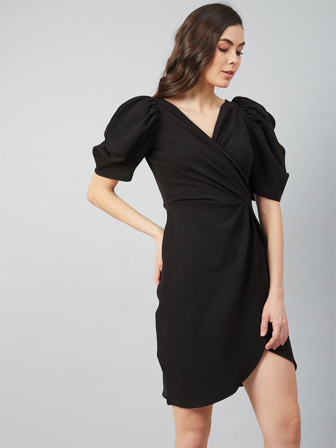 athena black tulip wrap dress with volume sleeves