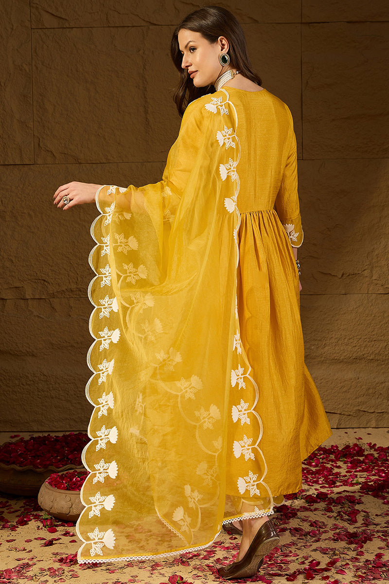 yellow silk blend solid embroidered a line kurta trouser with dupatta