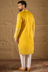 yellow chanderi silk solid embroidered straight kurta with trouser
