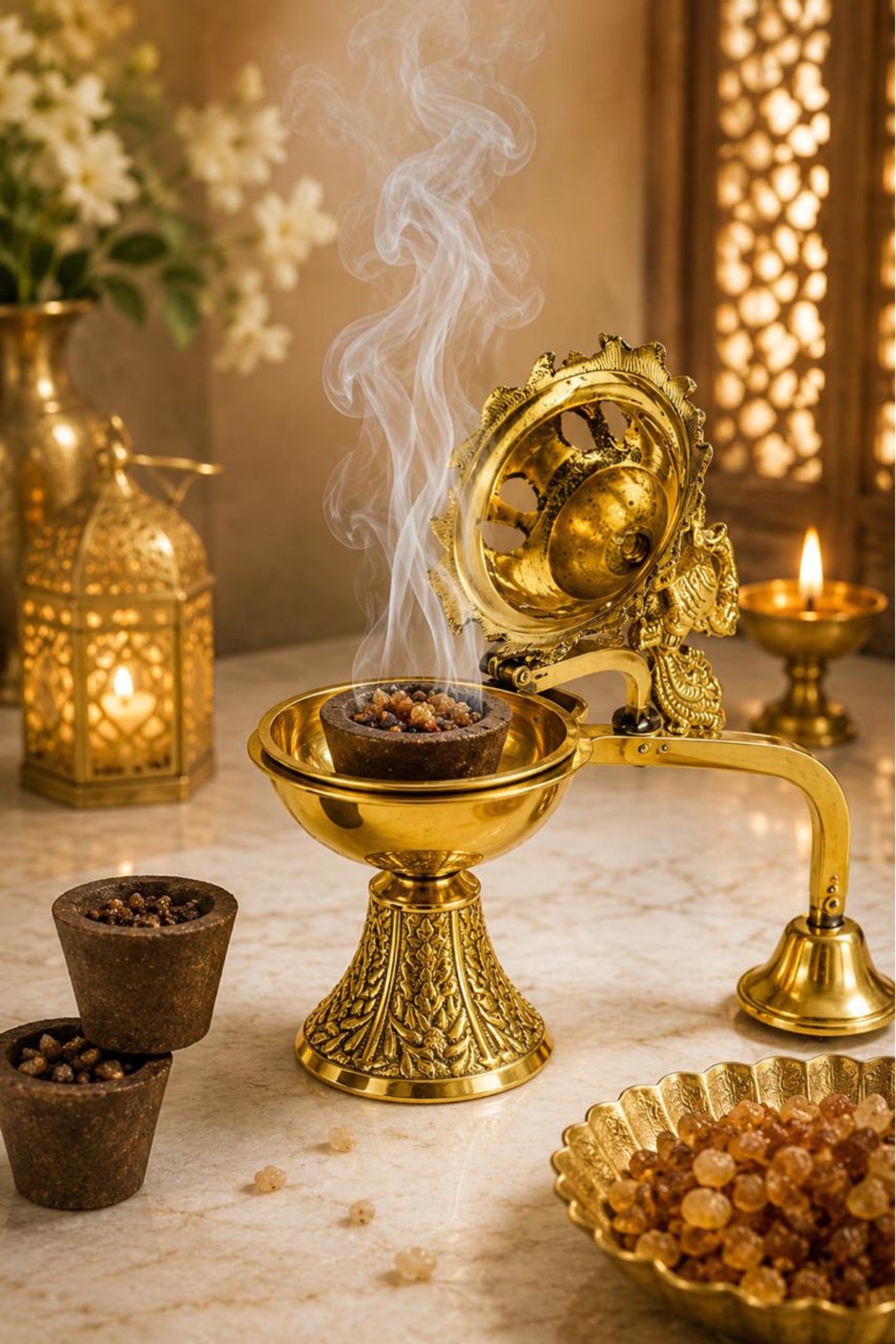 premium peacock brass incense burner with handle handcrafted brass dhoop dani for sambrani loban dhoop cups resin incense decorative pooja dhuni burner for home temple