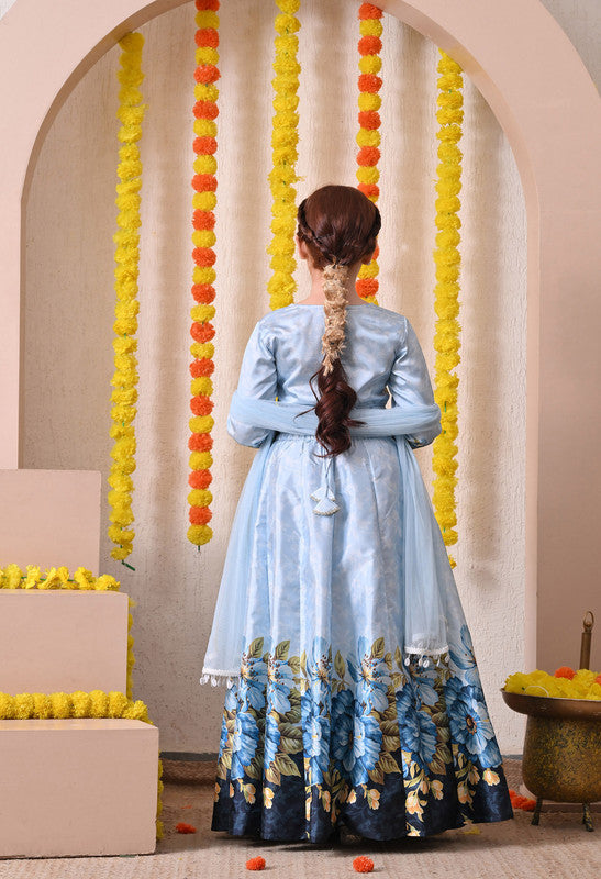 Indi Loom Couture Girls Sky Blue Floral Printed Lehenga Choli with Net Dupatta ILLCD36