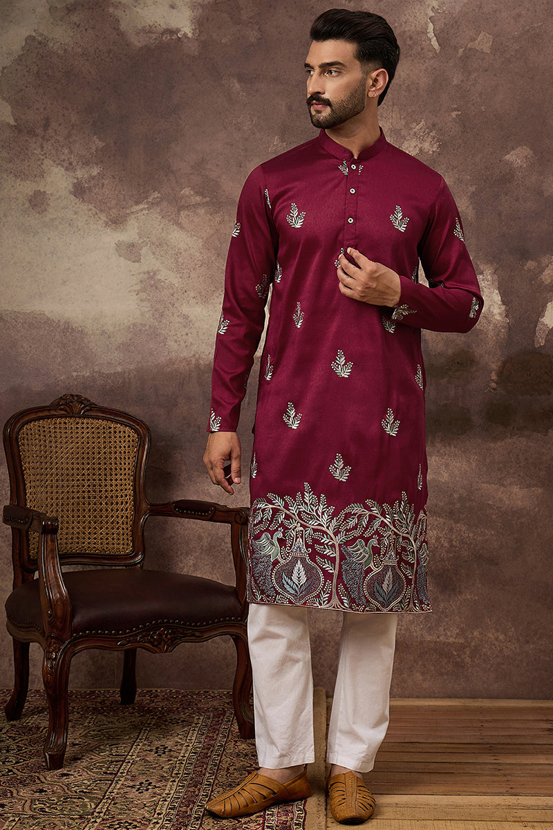 maroon silk blend solid embroidered straight kurta with trouser