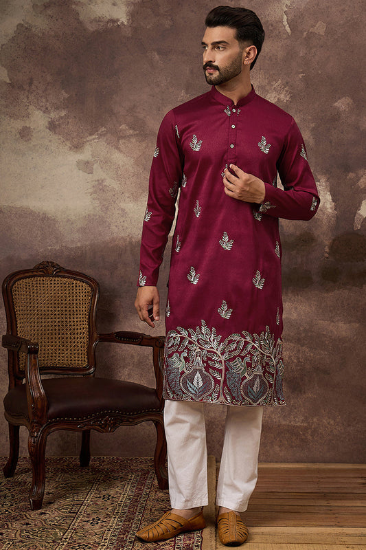 maroon silk blend solid embroidered straight kurta with trouser