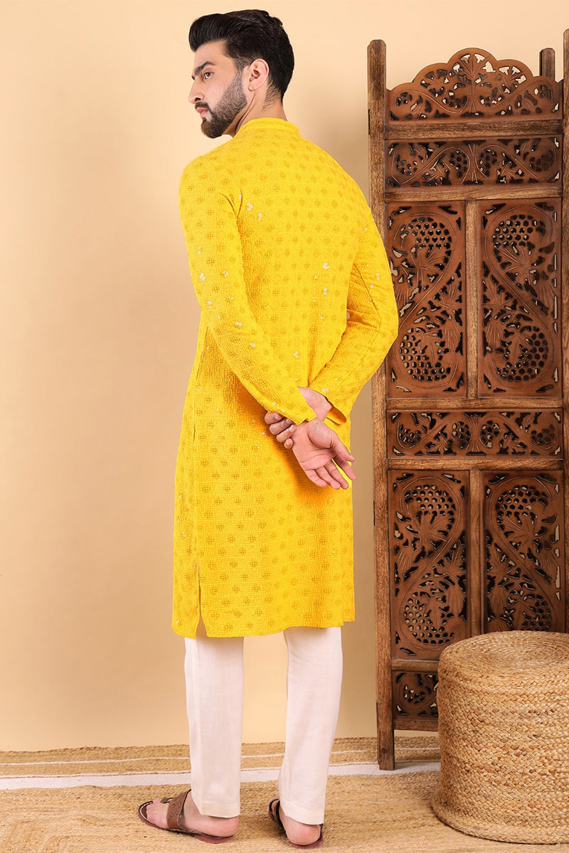 yellow viscose rayon solid embroidered straight kurta for men