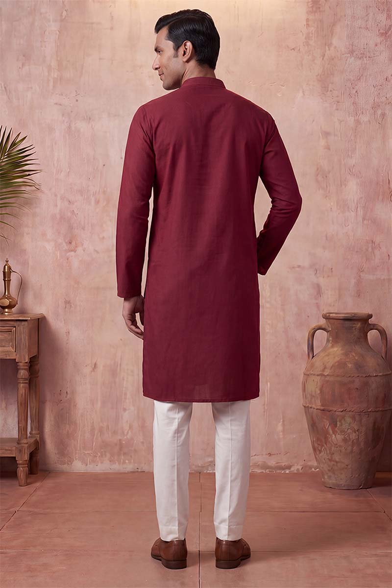 Silk Blend Maroon Solid Embroidered Calf Length Straight Kurta With Trousers