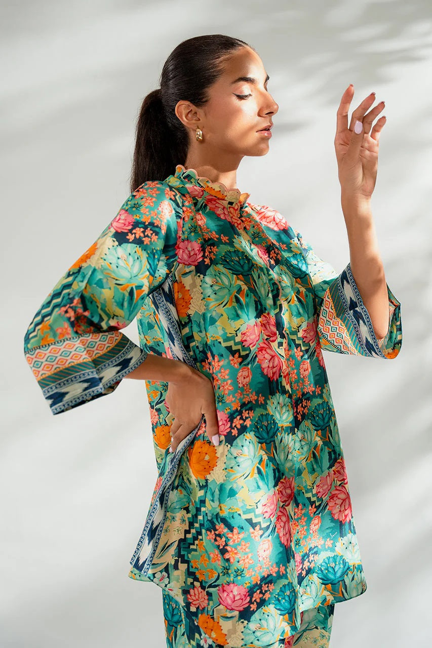 Women's Neck Embroidery Raw Silk Blend Co-Ords