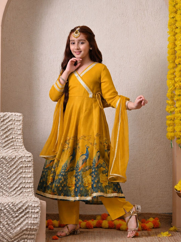 Indi Loom Couture Girls Mustard Yellow Printed Anarkali Kurta with Solid Pants & Dupatta Set ILKSD47