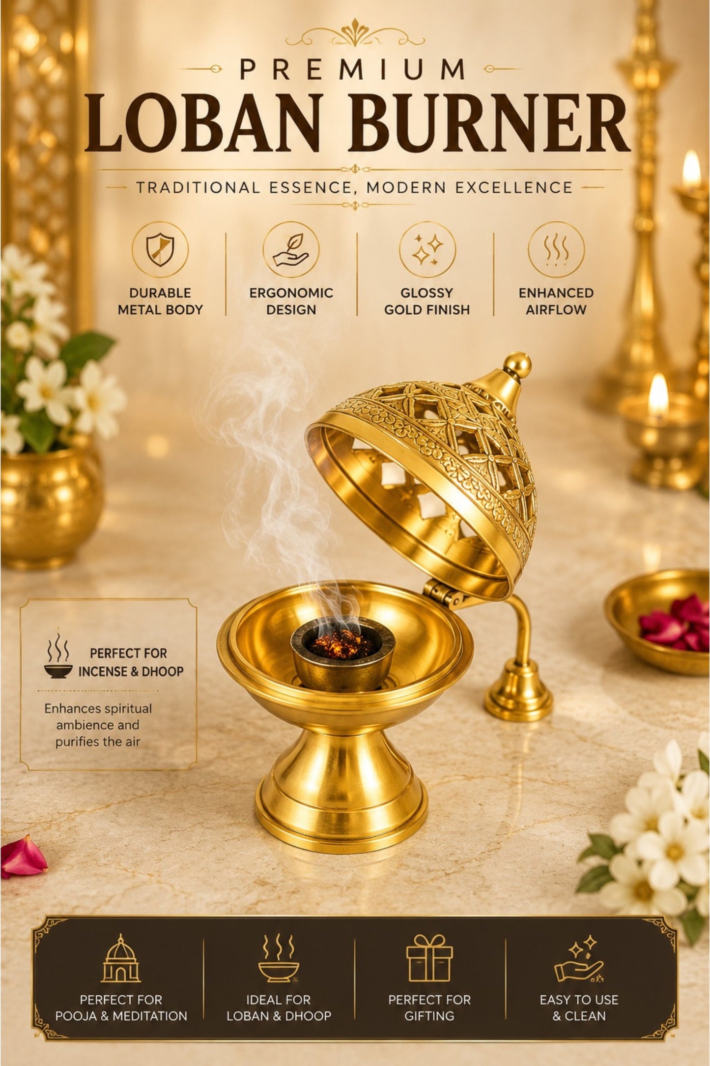 premium brass loban burner with handle handcrafted brass dhoop dani for loban sambrani cups bakhoor resin incense dhoop hinged lid pooja incense burner for home temple meditation gifting
