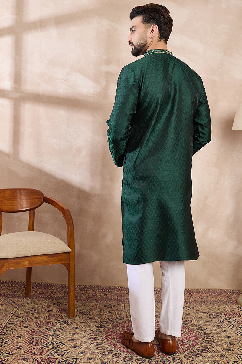 Green Silk Blend Solid Woven Design Straight Kurta