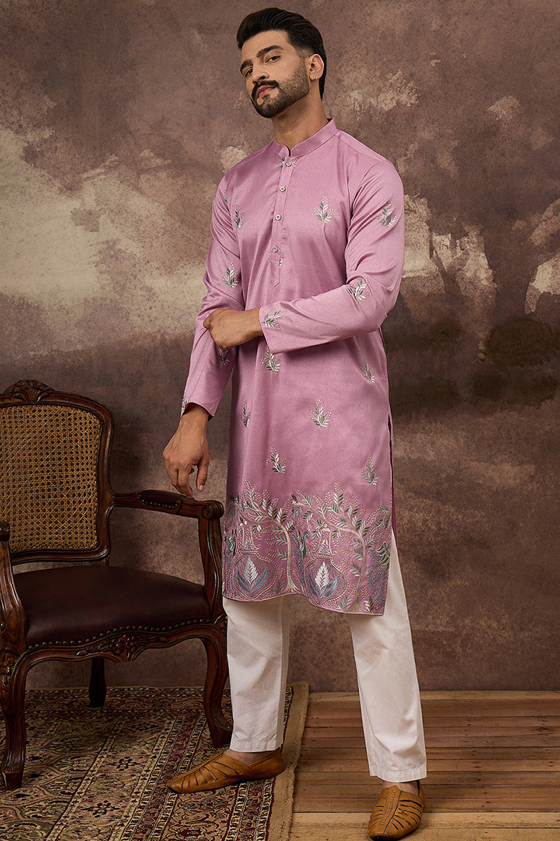 pink silk blend solid embroidered straight kurta with trouser
