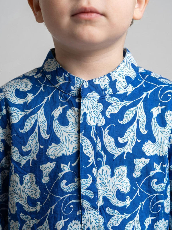 Boys Blue Floral Print Kurta with Green Dhoti Pants Set ILBKS59