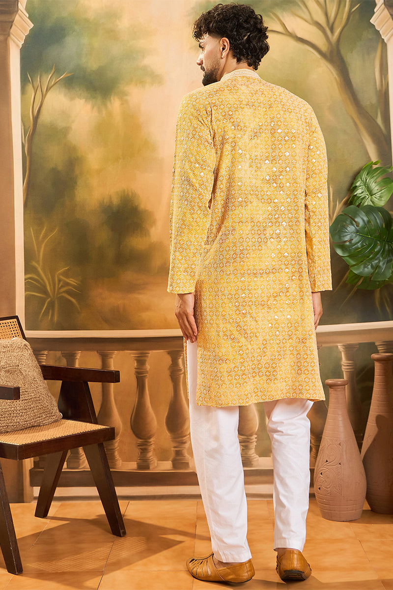 Yellow Viscose Rayon Shibori Embroidered Straight Kurta with Trouser MKSET1483