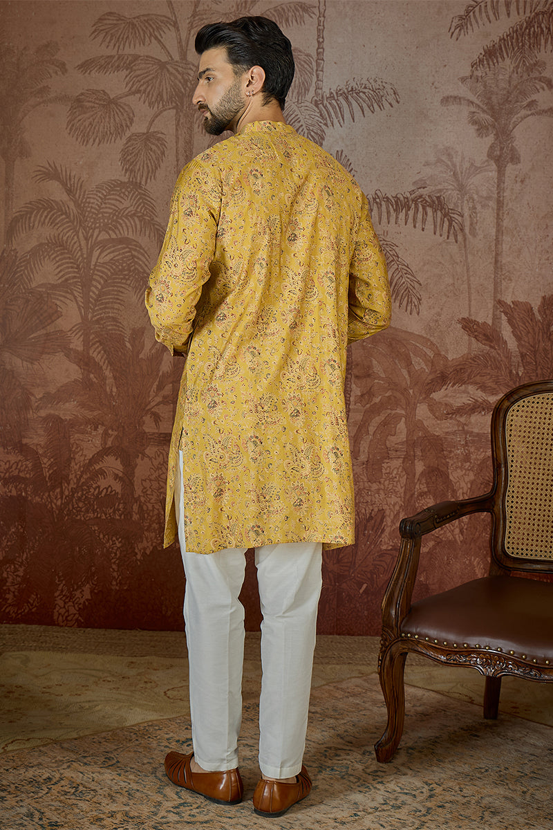 Mens Mustard Silk Blend Ethnic Motifs Printed Kurta With Trouser MKSET2559