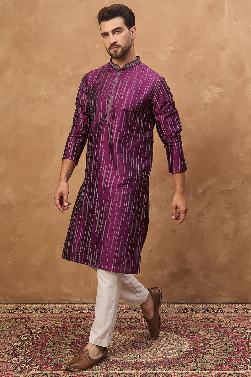 purple silk blend geometric printed straight kurta
