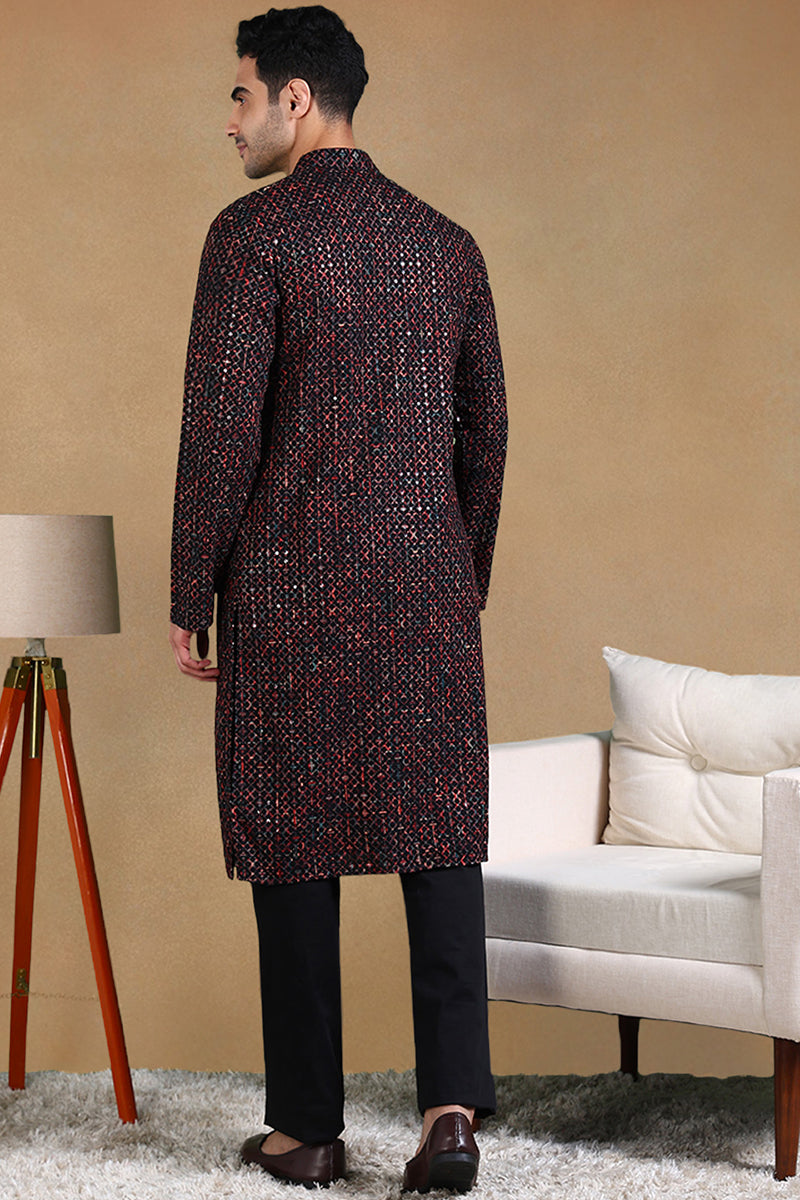 black viscose rayon ethnic motifs embroidered straight kurta for men