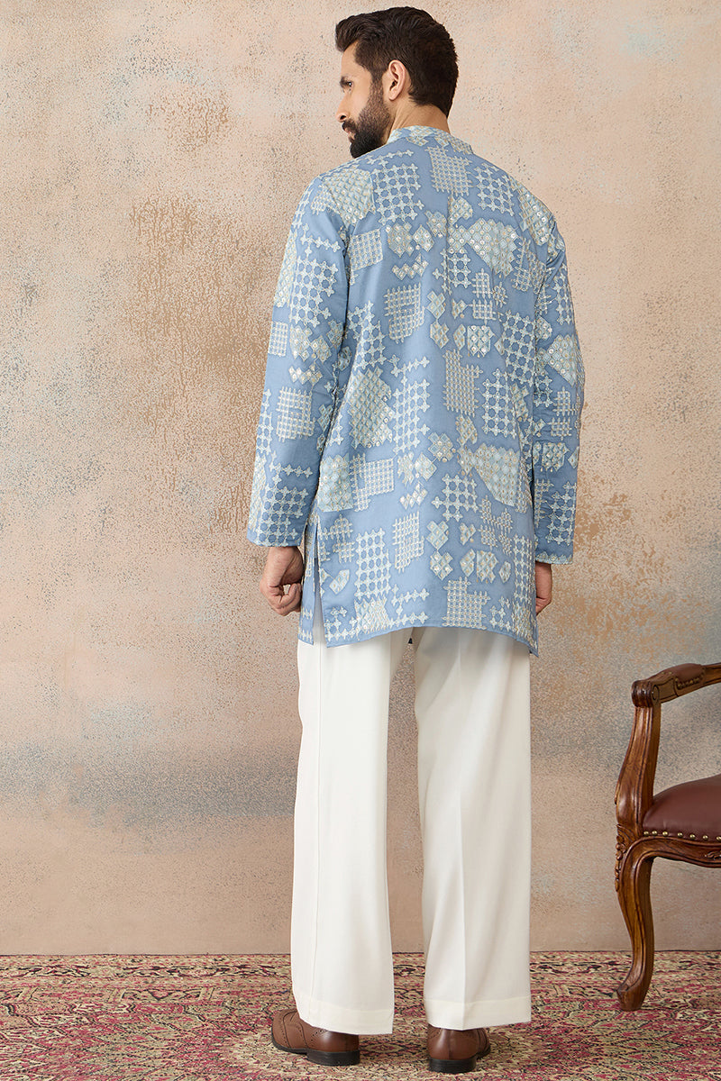 Mens Blue Silk Blend Solid Embroidered Kurta MKU2454