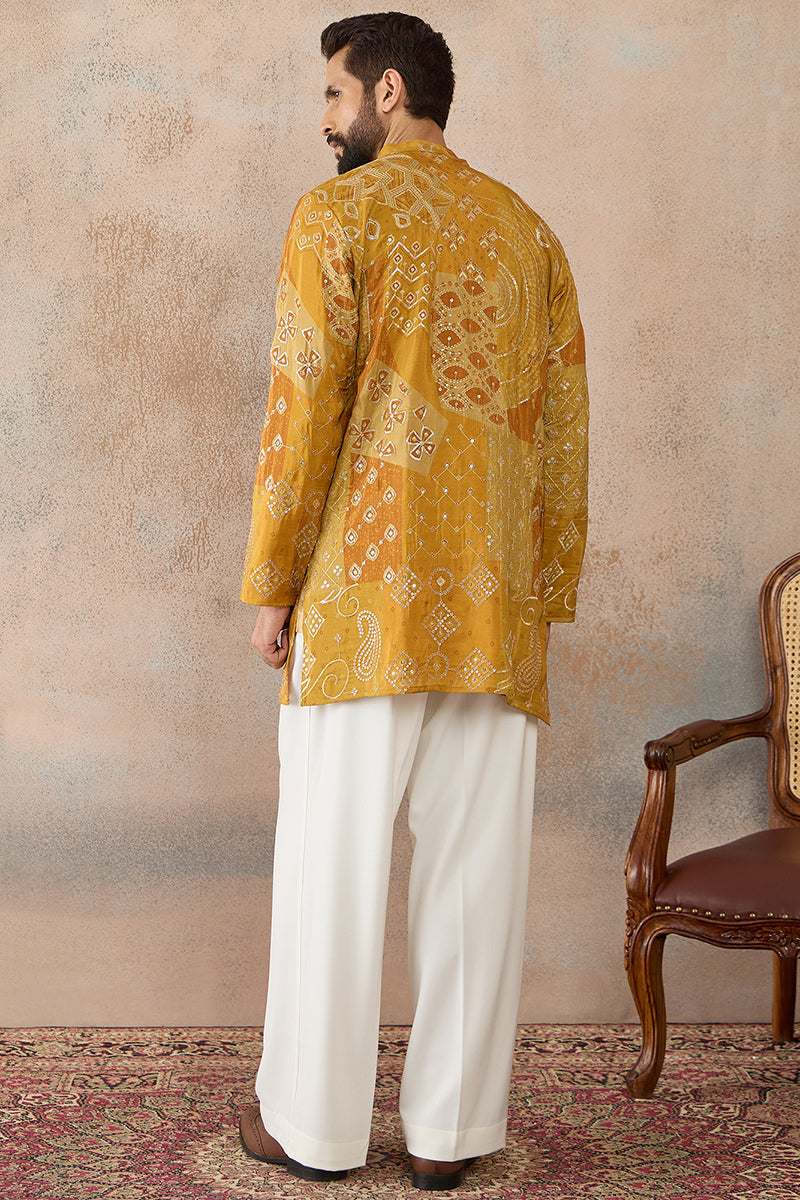 Mens Mustard Silk Blend Ethnic Motifs Embroidered Kurta With Trouser MKSET2456
