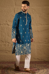 blue chanderi silk solid embroidered straight kurta with trouser