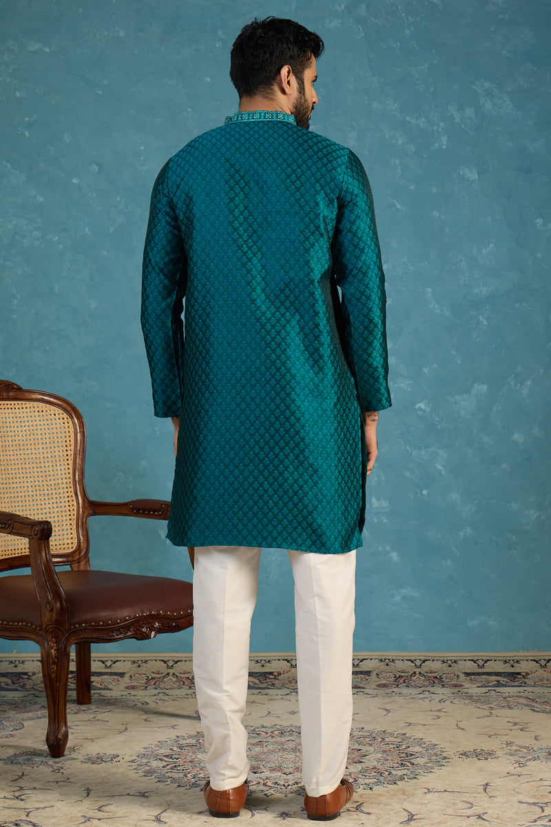 Mens Green Silk Blend Woven Design Straight Kurta With Trouser MKSET1838
