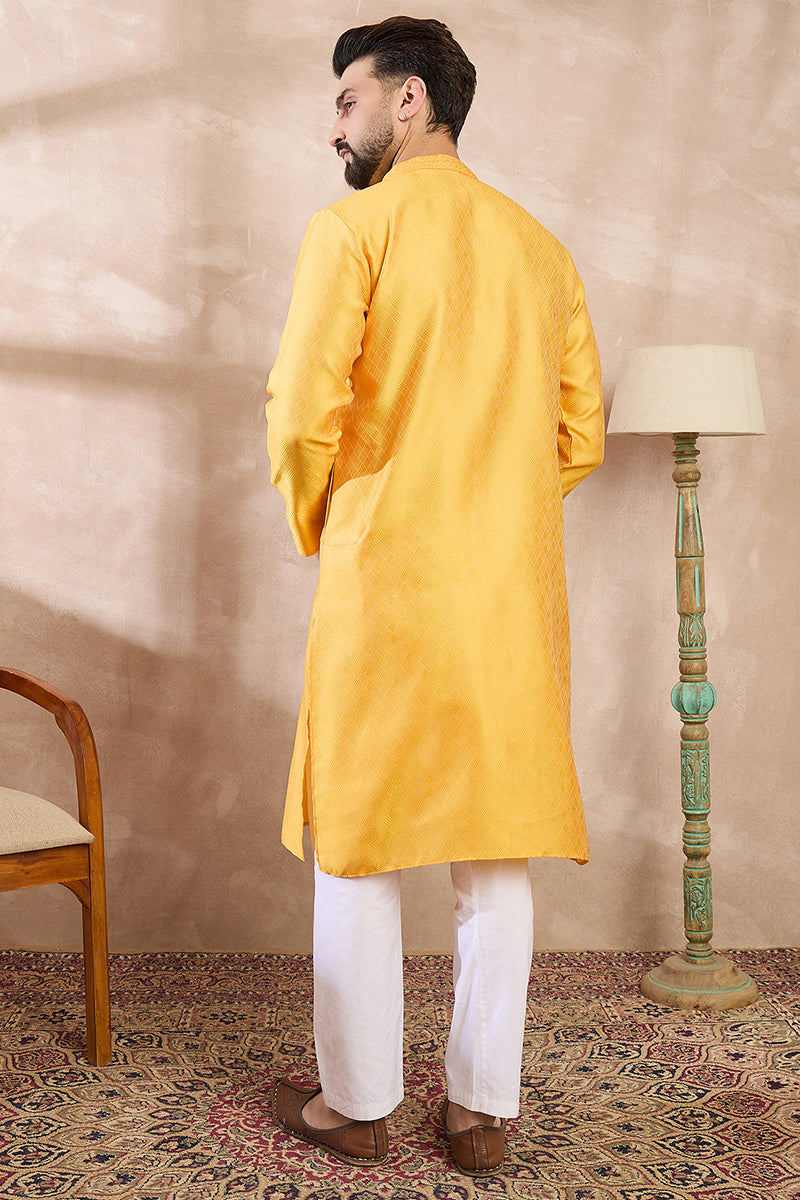 Yellow Silk Blend Solid Embroidered Straight Kurta With Trouser