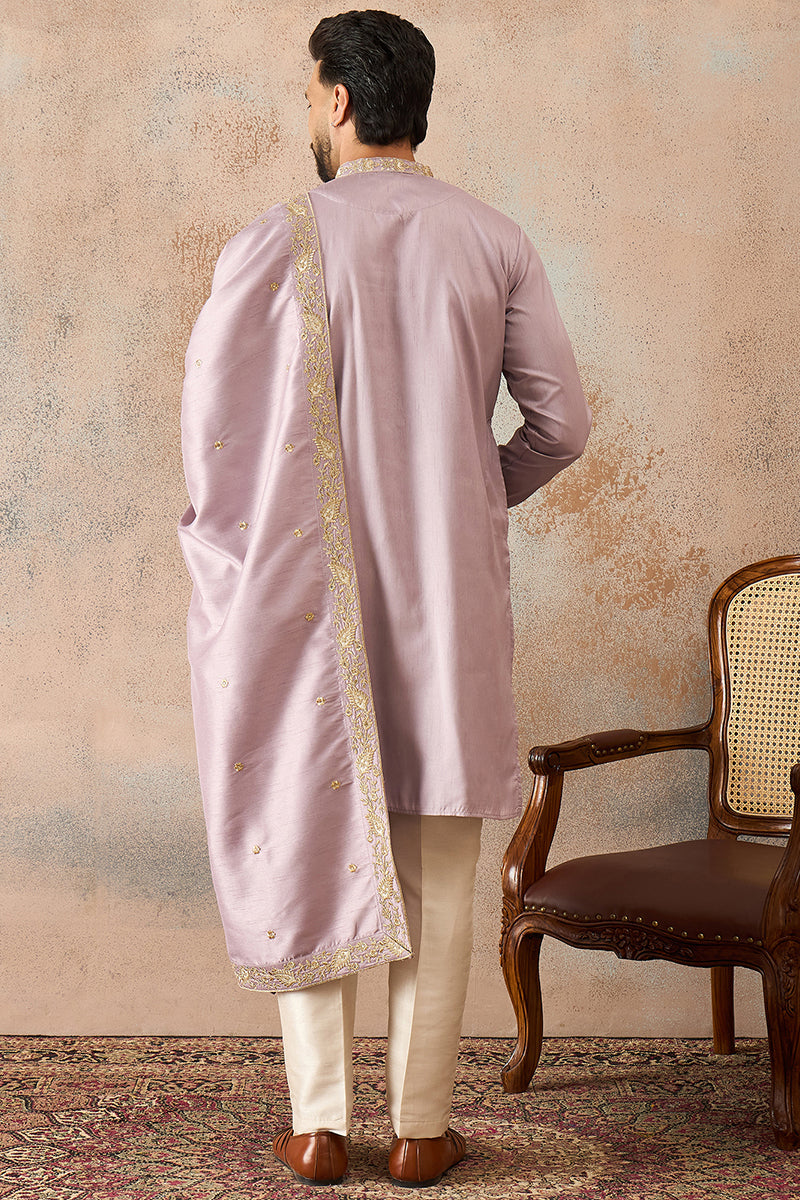 Men Lavender Zari Embroidered Silk Blend Kurta with Dupatta MKUD1047