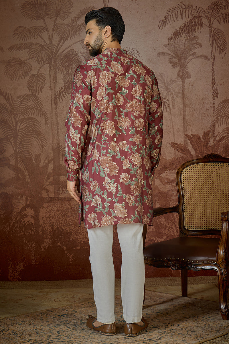 Mens Maroon Silk Blend Floral Printed Kurta With Trouser MKSET2541