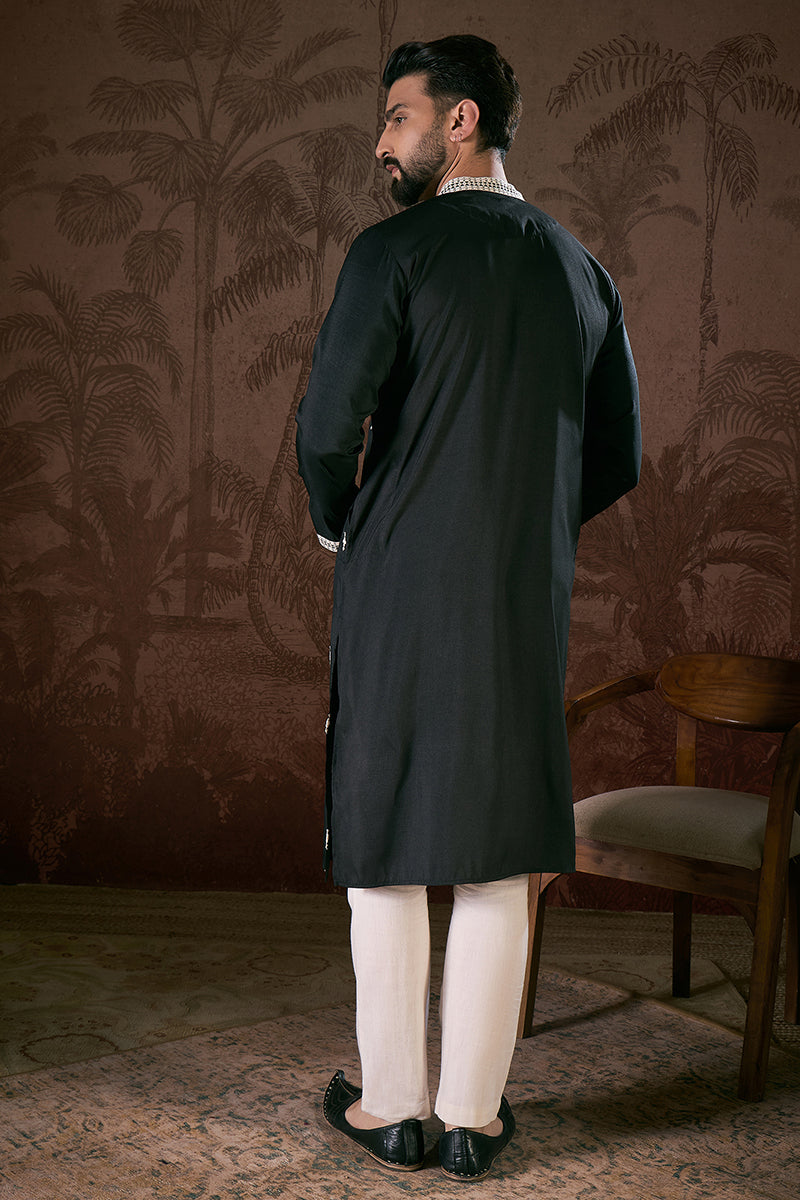 Black Silk Blend Solid Embroidered Straight Kurta With Trouser