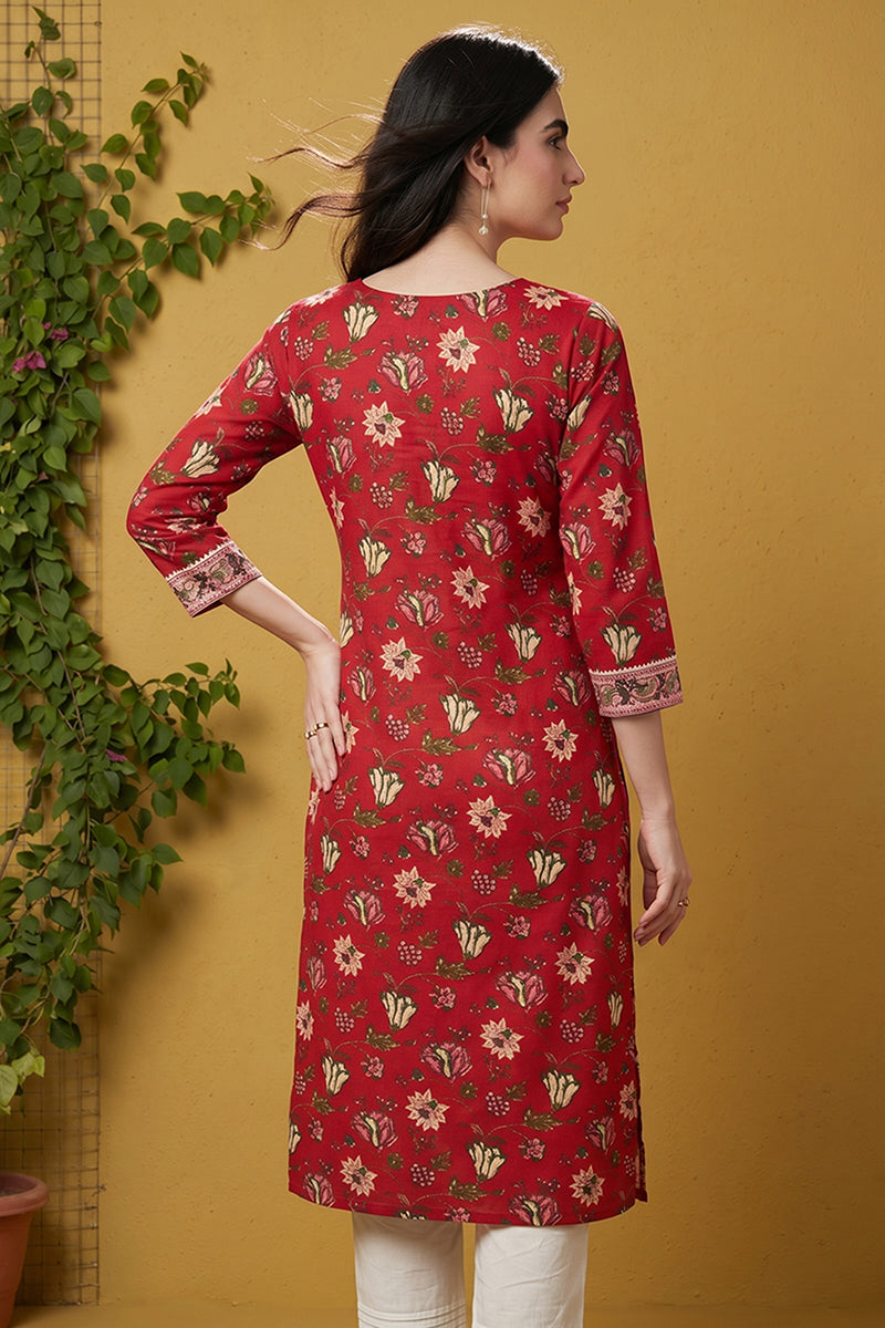 rayon red floral digital printed regular kurta vck9821