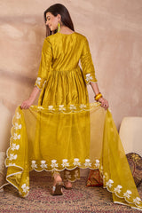 mustard silk blend solid embroidered a line kurta trouser with dupatta 