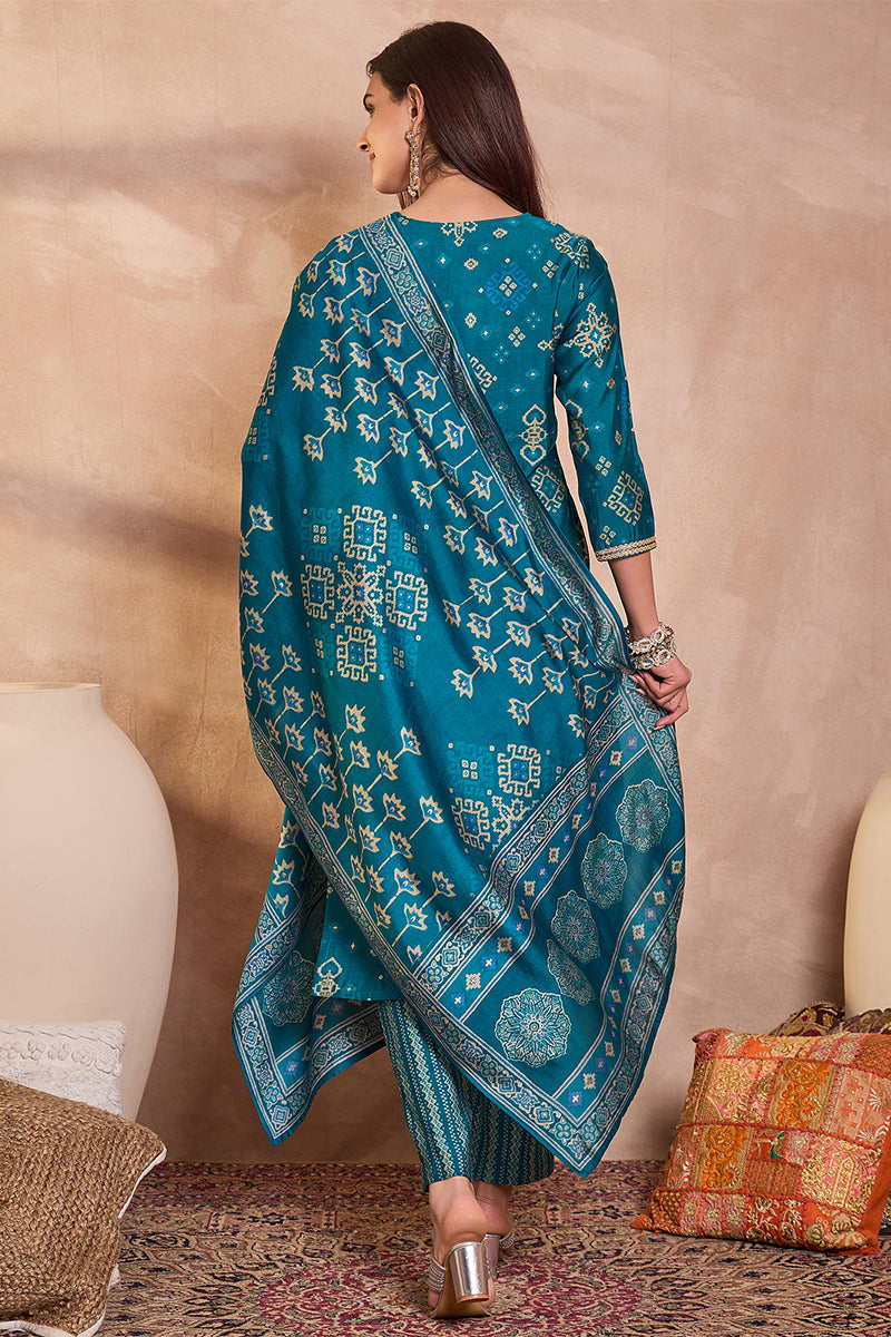silk blend ethnic motifs printed blue kurta and trousers with dupatta pkskd3230