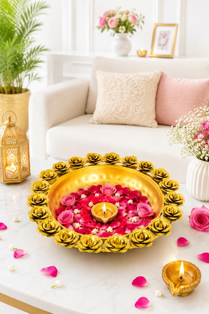 premium metal urli bowl with rose diya holders decorative floating flower urli for water candles tea lights traditional pooja urli for diwali home decor wedding festive decoration