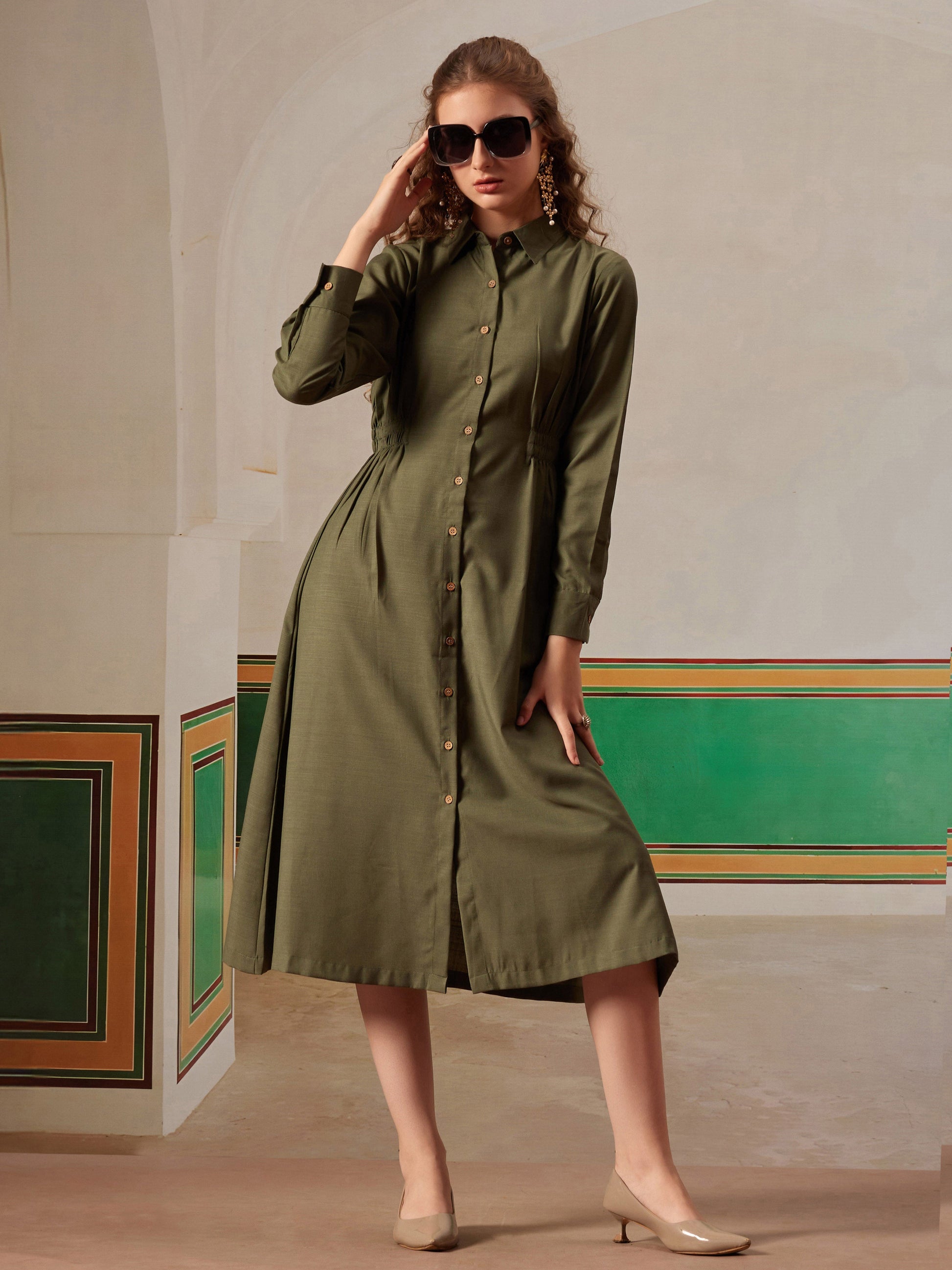 women shirt dress with figure enhancing waist